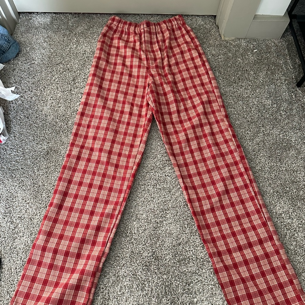 Brandy Melville red wide leg plaid pants with elastic waistband OS